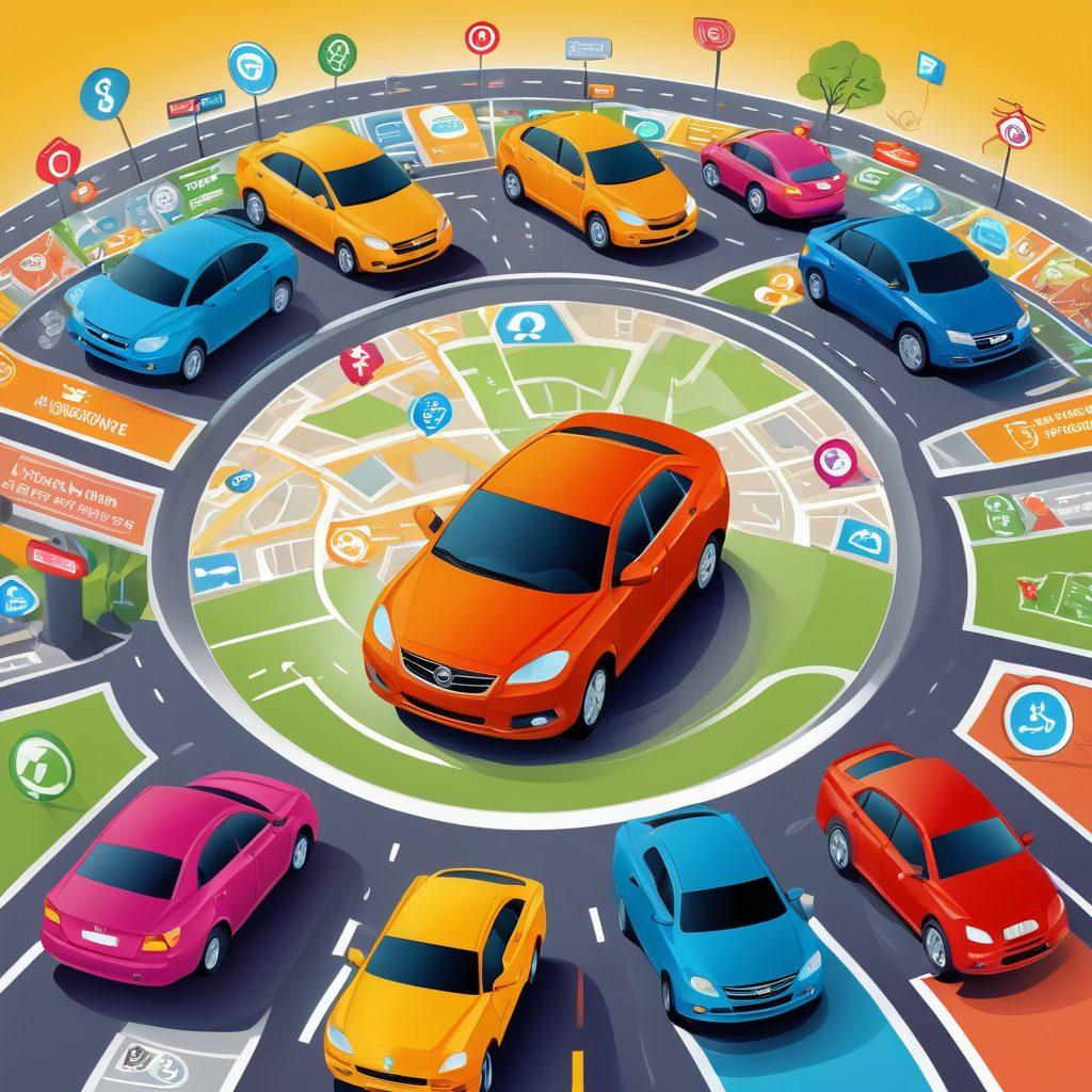 A detailed roadmap with various car insurance icons and affordable policy options branching off in colorful directions, featuring a friendly navigator character holding a magnifying glass, surrounded by cars and happy families. The background includes symbols of protection like shields and coins, creating a sense of security. vibrant colors. vector art.